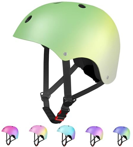 LANOVAGEAR Casco Bici Niño, Casco Bicicleta para Niños de 2-14 años, Cascos Infantiles de Protección para Patines Skate Patinaje Ciclismo Monopatín Scooter Deportes (Verde+Amarillo+Gris, M)