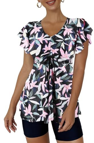 Ecupper Damen Zweiteilig Badeanzug Push up Tankini Set mit Badeshorts Bademode Rosa Blume XL