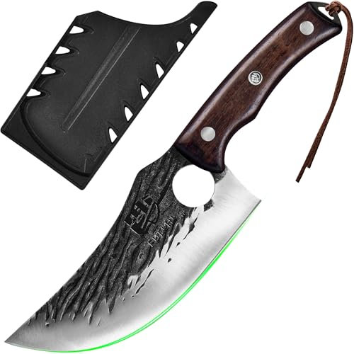 FULLHI 2pcs Coltello da macellaio con fodero, coltello da cuoco serbo Tang, coltello da verdure con mannaia in acciaio al carbonio per esterno, campeggio (Marrone, Coltello da chef per barbecue)