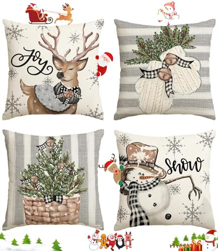 Lot de 4 housse de coussin noel 45 x 45cm, Taie oreiller pour coussin noel, Interieur Christmas Décoration, protege oreiller, coussin canape pour Chambre, Canapé, Chaise, Voiture, Lit, Jardin (Weiß)