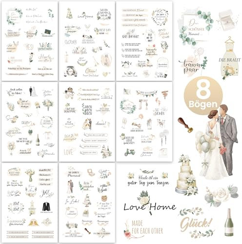 Hyggartn Sticker Hochzeit Gästebuch – 128 Aufkleber auf 8 Bögen mit liebevollen Motiven – Für Hochzeitsalbum, Scrapbook & Gästebuch – Deko Sticker zur Hochzeit