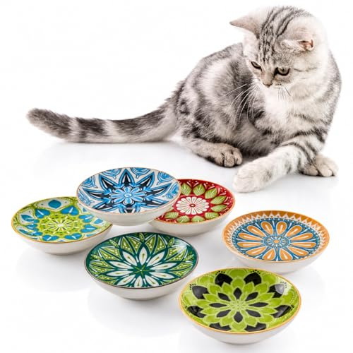 Ciotole per Gatti in Ceramica, Set da 6 Ciotole Basse Multicolore da 14 cm, Piatti per Cibo Secco Umido e Acqua, Lavabili in Lavastoviglie e Adatte al Microonde