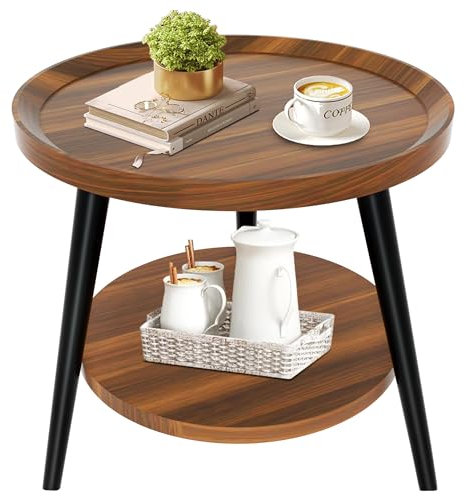 GFEMTH Beistelltisch Rund Holz | Beistelltische fürs Wohnzimmer | Couchtisch klein mit unterem Ablage | sofatisch H48x Ø50 cm einfacher Aufbau | wohnzimmertisch für Couch Sofa (Nussbaum)