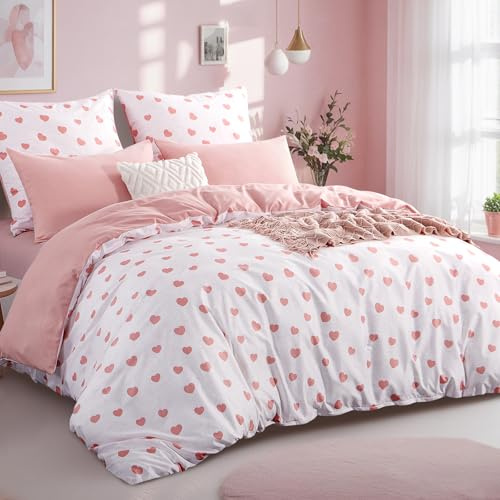 RUIKASI Biancheria da letto 220 x 240 cm, 3 pezzi, colore rosa, copripiumino 220 x 240 cm, con cuori, set di biancheria da letto 220 x 240 cm, in microfibra con chiusura lampo, morbida e non necessita