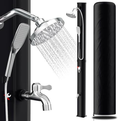 Randaco Douche Solaire de Jardin - Eau Chaude jusqu'à 60 °C - sans raccordement électrique - Douche de Piscine - Camping avec douchette à Pied et douchette à Main - Tête de Douche à Effet Pluie