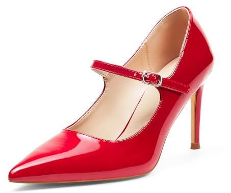 GENSHUO Mary Jane pumps dam 8 cm stilettklack spets tår lackläder elegant bekväm för kontor fest vintage design, röd, 40 EU