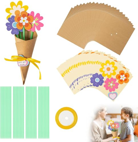 SMYJDMM Flower Bouquet Craft Kit, 24Pcs Make Your Own Flower Bouquet Greeting Cards, DIY Flowers Paper Crafts for Mother's Day Birthday DIY Gift School Classroom Home Fun Activities