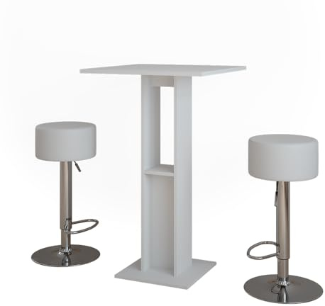 Vicco Set de Mesa de Bar Repose, Blanco, 65 x 65 cm con 2 taburetes de Bar, con Estante Lateral para almacenar Botellas y Vasos