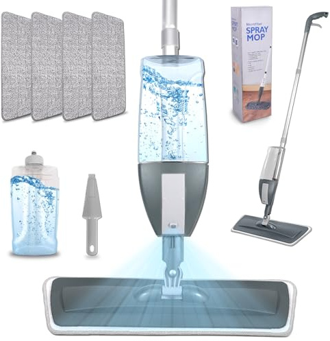 BUOAZR Sprühwischer Bodenwischer mit Sprühfunktion, Wischer mit Sprühfunktion Spray Mop wischmopp mit wassertank und 4 wischpads, 360 Grad Rotierender, für Hartholz, Marmor, Laminat Bodenreinigung