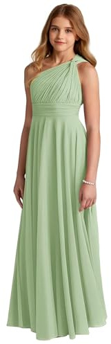Hongyangjing One Shoulder Junior Bridesmaid Dress Ruched Flower Girl Dresses for Wedding Pleated Formal Dress for Girls Sage Green