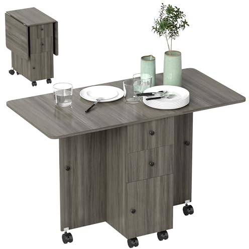 HOMCOM Tavolo da Pranzo Pieghevole, Tavolo Cucina a Ribalta con Ruote a Freno per 6 Persone, Scrivania Richiudibile con 2 Cassetti e Armadietto, per Soggiorno, 120x60x76.5 cm, Grigio