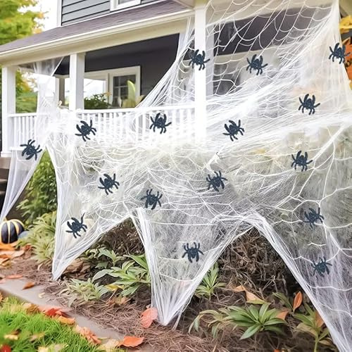 BeNtLi Telaraña elástica de Halloween, 500 g, con 50 arañas pequeñas, decoración de interiores y exteriores