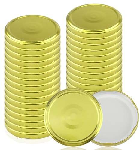 Xbessc 30 Pezzi Coperchi di Ricambio TO 82mm Tappi per Barattoli Vetro Oro | Coperchio a Vite in Metallo Rotondo Coperchio Twist-Off con 6 Denti di Chiusura per Vasetti e Barattoli di Marmellata