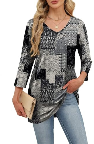 WIHOLL Womens 3/4 Sleeve Tops Ladies Blouse V Neck Tunic Long Sleeve T Shirts Office Wear