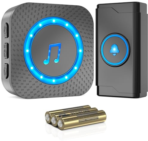 SURFOU Sonnette sans Fil à Pile, 400M Sonnette Longue Portée Exterieur Étanche Electronique, Kit de Carillon avec Récepteurs pour la Maison, LED Bleu, 55 Mélodies, 5 Niveaux Volumes (Noir)