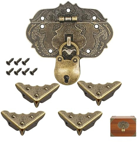 UZYXC 1 Pieza Cierre Vintage Con Herrajes En Estilo Antiguo + 4 Esquineros Protectores Para Cajas, Cierre De Gancho Metálico De Bronce, Estable Para Cajas Y Arcas, Herrajes Retro Para Muebles