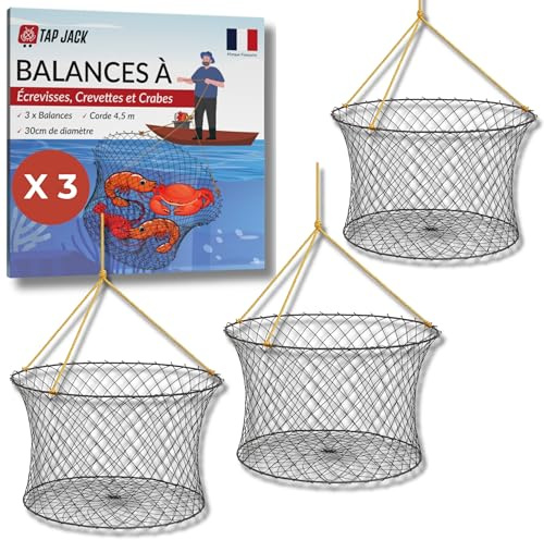 TAP JACK - Lot De 3 Nasses À Écrevisses - Grand Diamètre 30 Cm - Corde 4,5m - Épingle À Appât – pour Pêche en Lac, Rivière Ou Étang – Filets De Capture D’écrevisses, Crabes Et Crevettes