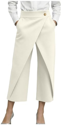Générique Pantalon Femme 7/8 Taille Haute à Effet Superposé, Pantalon Droit Tailleur Décontracté Uni, Coupe Fluide Légère Confortable pour Bureau Soirée Ville, Printemps Été Tendance