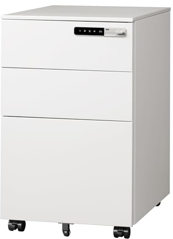 DEVAISE 3 Drawer File Cabinet with Combination Lock，Fully Assembled Metal Filling Cabinet Except Wheels, Mobile Under Desk File Cabinets for Home Office, White
