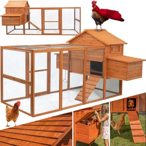 Miweba MyAnimal Hühnerstall MH-22 XXL | 234x127x124 cm - Für 8 Hühner - Nistkasten mit Freilaufgehege - 2 Sitzstangen - Winterfest - 2 Ebenen - Hühnerhaus mit Eiablage - Kiefernholz - Voliere (Braun)