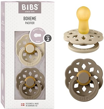 BIBS Boheme Soother 2-Pack. BPA Free, Round Nipple. Natural Rubber Latex, Made in Denmark. Size 2 (6-18 Months), Vanilla/Dark Oak