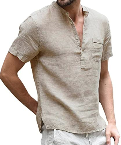 Camicia in Lino Uomo Slim Fit Elegante Estiva Manica Lunga Henley Con Bottoni Casual Hawaii in Tinta Unita Maglietta