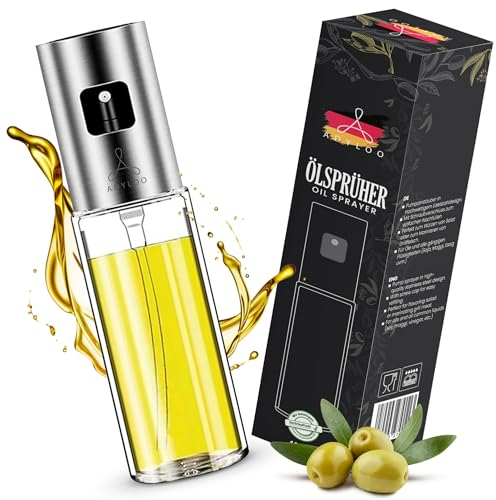 Adyloo Spruzzatore olio per olio da cucina | Accessori per friggitrice ad aria calda | Bottiglia spray per olio 100 ml in vetro e acciaio inossidabile | Spray per olio per cottura grigliate |