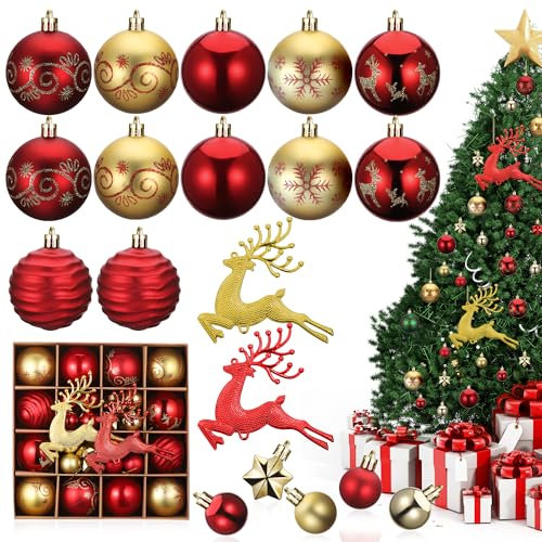 46pcs Boule de Noel, Boule de Noel Rouge et Or, Boule Sapin de Noël Incassables avec Lanières, Boules de Noël de 3 et 6 cm, avec 2 Renne de Noel Decoration, pour Decoration Noel Exterieur et Parties