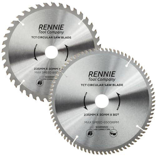 Rennie Tools Kreissägeblätter, 235 mm x 30 mm x 40T & 80T TCT Kreissägeblätter, inklusive 25 mm, 20 mm und 16 mm Bohrungsreduzierungsringen, kompatibel mit Bosch, Makita, Dewalt Kreissäge usw., 235 mm