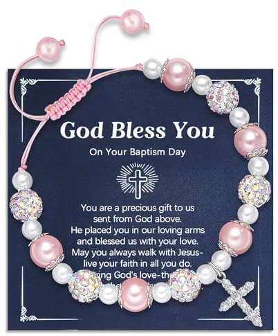 Kaluofan Baptism Gifts, Handmade Christening Baptism Bracelet with Blessing Card, First Communion Gifts