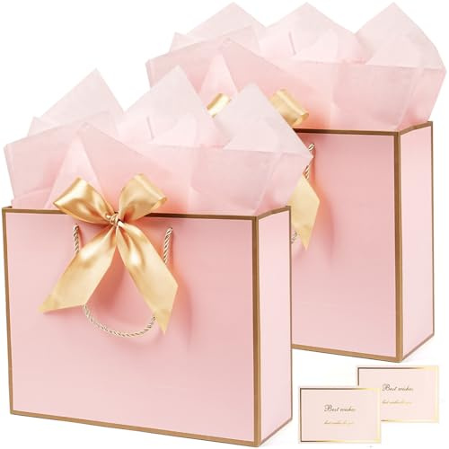2 sacchetti regalo medi, rosa e oro, set di sacchetti regalo con carta velina e biglietto di auguri, sacchetti di carta con manico, sacchetti regalo di compleanno, festa, matrimonio, 25 x 20 x 12 cm