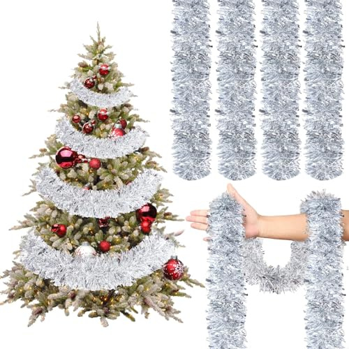 HCSSZ 32.8FT x 9CM Sliver Christmas Tinsel Garland - Xmas Shiny Metallic Chunky Twist Thick Hanging Decorations for Xmas Tree, Wedding, Party Supplies