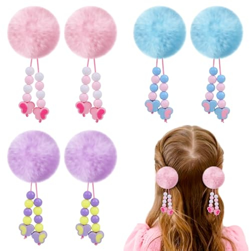 CN 6PCS Pom Pom Hair Bow Clips for Girls, Colorful Fur Ball Fluffy Bows for Girls with Butterfly,Cute Hair Accessories with Alligator Clips for Kids Toddlers Women