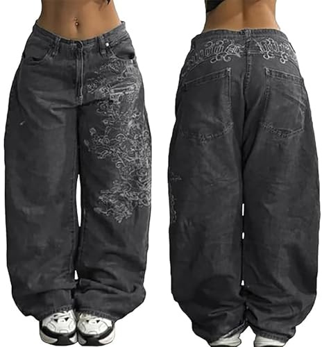 Cargo jeans kvinnor säckiga, damer stretchjeans, mode tryckta denimbyxor, casual Y2K goth street tunna byxor baggy vintage vida ben byxa med fickor retro tvättade utsvängda byxor