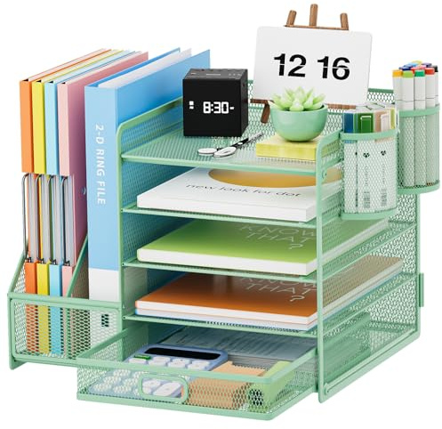 Marbrasse Schreibtisch Organizer mit Aktenhalter, 5 Ebenen Papier Briefablage mit Schublade und 2 Stiftehalter,Schreibtisch Netz Ablagefächer Organizer mit für Büro Bedarf(Grün)