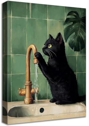 HALFLEMART Stampa su tela Con Cornice Divertente Gatto Nero Pittura Verdi Gatto Gattino che Legge il Giornale sul Water Quadri su tela Quadri Moderni Bagno Vasca da Bagno WC Stampe da Parete 40x60cm