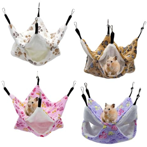 Amexo 4 stycken hängmattor för små husdjur dubbla lager hängmatta för husdjur hängande säng för små djur hängmatta grotta med krok för hamster illon ekorre (30 x 30 cm, tass fotavtryck)
