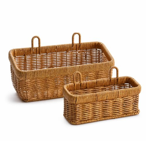 2 cestas de almacenamiento trenzadas, de ratán, organizador de pared con 4 ganchos, estantería de pared de ratán, cestas de frutas, cestas colgantes para cocina, cestas de pared bohemias para cocina