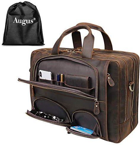 Augus Leather Briefcase Business Travel Duffel Bags for Men Laptop Bag fits 17 inches Laptop YKK Metal Zipper