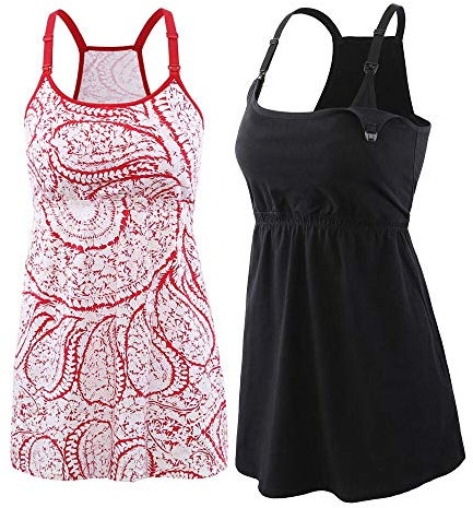 ZUMIY Still-Top, Schwangeres Stillshirt aus Baumwolle- Umstandsmode T-Shirt Damen Still Umstands-Top mit Doppelter Öffnung - Rennfahrer Zurück (M, Black+Red printing/2pk)