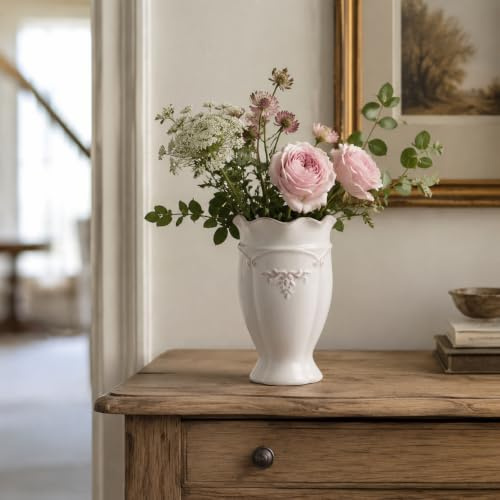 hjn White Ceramic Vase- French Flower Vase for Decor Small Vintage Vases for Flowers/Home Decoration/Kitchen/Table/Living Room/Shelf/Mantel/Office-Height-6.8