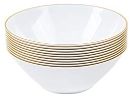 [6 OZ 40 Count] White Plastic Organic Party Dessert bowls ice cream bowl With Gold Rim Premium heavyweight Elegant Disposable Tableware Dishes