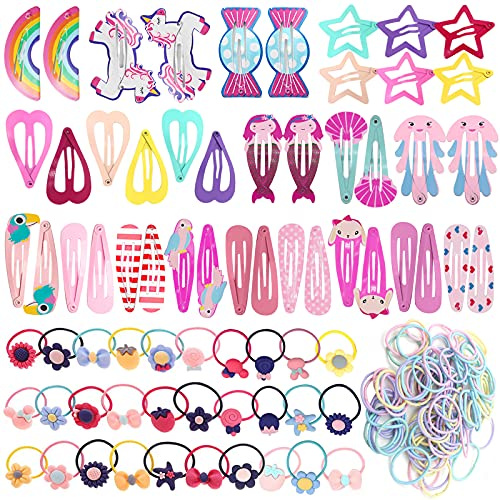 VEGCOO 172pcs Accesoris para Niña, 42pcs Clips Pelo y 130pcs Gomas Pelo Niña, Pinzas Horquillas Pelo para Niñas Bebes Infantiles, Regalo Navidad para Niñas