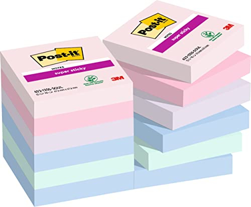 Post-it Super Sticky Notes Soulful Collection, Packung mit 12 Blöcken, 90 Blatt pro Block, 47, 6 mm x 47, 6 mm, Pink, Lila, Grün, Grau, Blau - Extra-stark klebende Notizzettel für To-Do-Listen