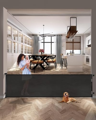 AOURMKOOP 118 Inch Extra Wide Retractable Baby Gate,Mesh Large Gate or Mesh Pet Dog Gate, Opening Wide Extra Long Child Safety Gate for Indoor Baby Fence, Outdoor, Stairs, Deck (Black)