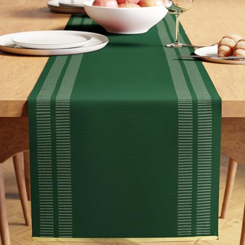 Encasa XO Camino de Mesa | Algodón de Canalé Fino Teñido con Hilo | Tamaño 32x137 cm | Escalera Verde Oscuro | Lavable a Máquina
