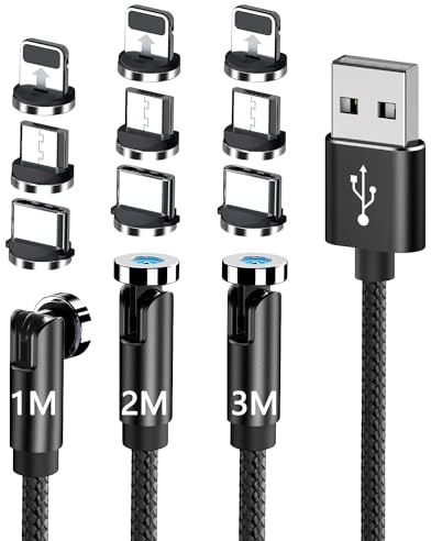 540 graders rotation magnetisk laddningskabel [3-pack 1 m/2 m/3 m svart] 3-i-1 USB-laddningskabel kompatibel med iPhone, iPad, Samsung Android-telefoner och surfplattor, mikro-USB/typ C
