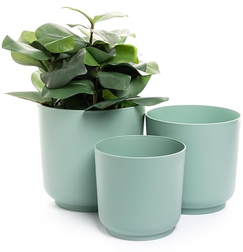 Home Garden Ornaments Luna Lot de 3 pots de fleurs en plastique avec surface mate pour intérieur et extérieur Vert menthe Diamètre 13/15/17 cm