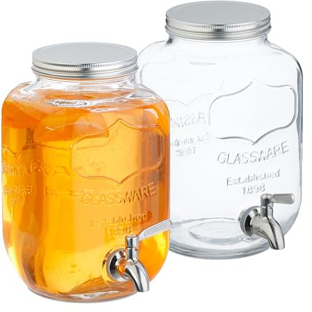 Relaxdays Getränkespender im 2er Set, Limobehälter 4L, Zapfhahn und Deckel, Wasserspender, Glas & Edelstahl, transparent
