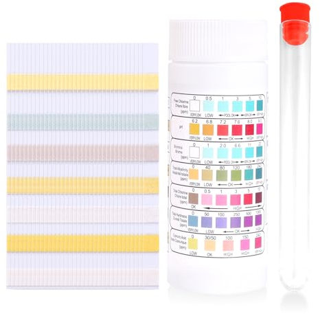150pcs Testeur PH Piscine, 7 en 1 Testeur pour Eau de Piscine et Spa pour Tester Chlore Libre, Le Chlore Total, Le Brome, la dureté Totale, l’alcalinité Totale, l’Acide cyanurique et Le pH
